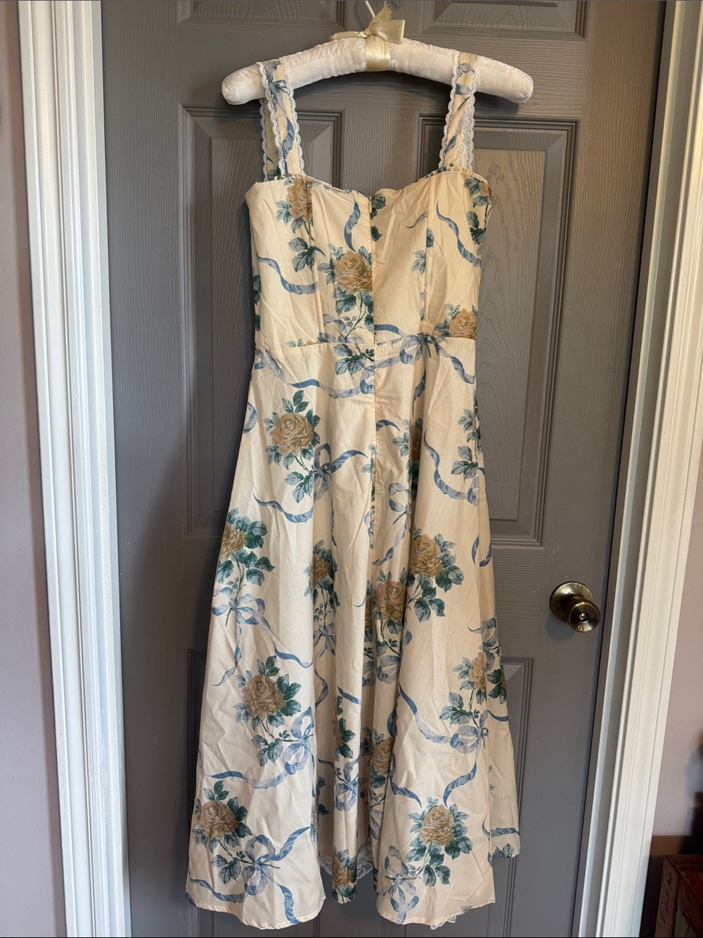 Cream Floral Midi Dress with Blue and Green Print - Medium - Picture 6 of 12